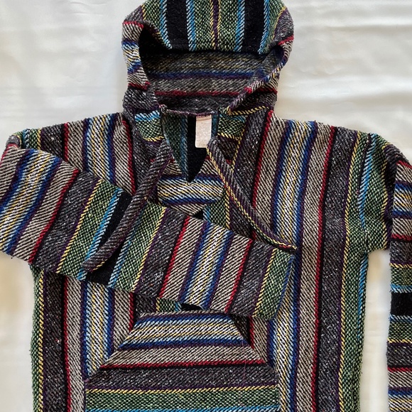 MOLINA Vintage Mexican Baja Blanket Drug Rug Hoodie Grey Green Surfer Poncho M - Picture 5 of 11